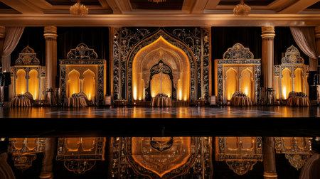 Luxurious event stage featuring ornate golden backdrops and elegant lighting. A perfect setting for formal gatherings, celebrations, and performances.の素材