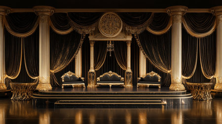 A stunning interior design featuring elegant golden accents and dramatic drapery, showcasing ornate columns and luxurious furnishings for a sophisticated atmosphere.の素材