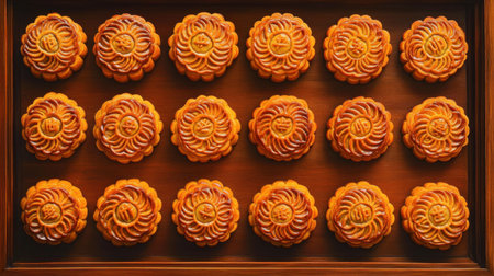 A beautiful display of traditional mooncakes arranged on a wooden tray, symbolizing lunar festival celebrations. These pastries feature intricate floral designs and rich fillings, perfect for festive gatherings.の素材