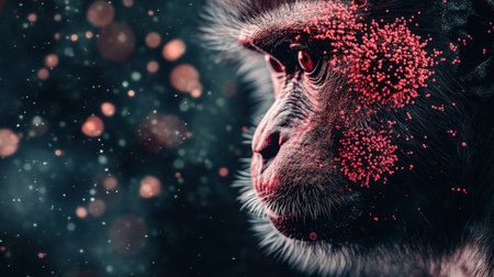 Captivating portrait of a monkey featuring artistic effects and vibrant particles, showcasing the beauty of wildlife and close connection with nature.の素材