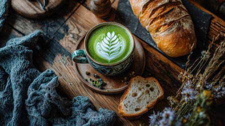A warm green tea latte with beautiful latte art sits beside fresh bread on a rustic wooden table, creating a cozy and inviting atmosphere perfect for any morning.の素材