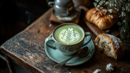 A beautifully crafted matcha latte served in an elegant cup, showcasing intricate froth art on a rustic wooden table, accompanied by fresh pastry and flowers.の素材