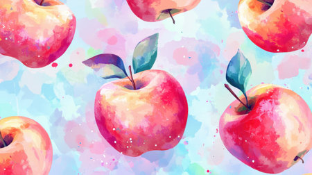 This stunning watercolor illustration features vibrant apples against a colorful abstract background. Perfect for food lovers and art enthusiasts, this design adds a touch of freshness.の素材