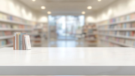 A minimalist library interior featuring a display table with books and a softly blurred bookshelf in the background, creating an inviting learning atmosphere.の素材