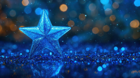 A captivating blue glitter star rests on a sparkling surface, surrounded by shimmering bokeh lights, creating a magical and festive ambiance for various occasions.の素材