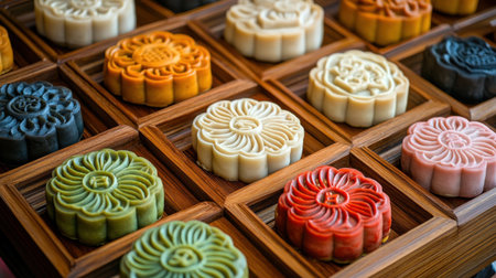 An elegant display of colorful mooncakes on a wooden tray, showcasing intricate designs and textures perfect for festive celebrations and cultural heritage.の素材