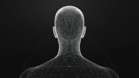 This abstract illustration features a wireframe human form viewed from behind, set against a black background. The design captures modernity and technology in an artistic representation.の素材