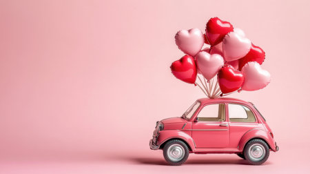 A charming vintage pink car carries playful heart-shaped balloons, creating a joyful and romantic atmosphere perfect for celebrations and decorative ideas.の素材