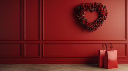 A stunning red wall features a heart-shaped flower wreath, complemented by stylish gift bags below, perfect for romantic celebrations or decor inspiration.の素材