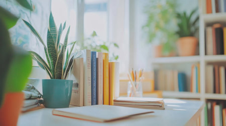 A bright and inviting home office space featuring a desk with books, stationery, and plants, creating a cozy and productive atmosphere perfect for studying or working.の素材