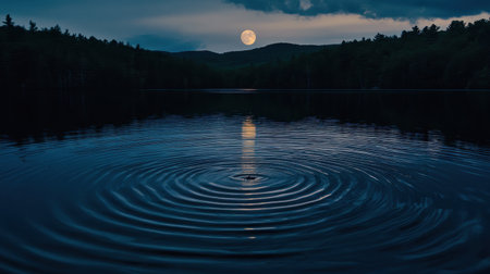 A tranquil night scene showcasing a full moon reflecting on a calm lake surface, surrounded by dark mountains and a serene atmosphere.の素材
