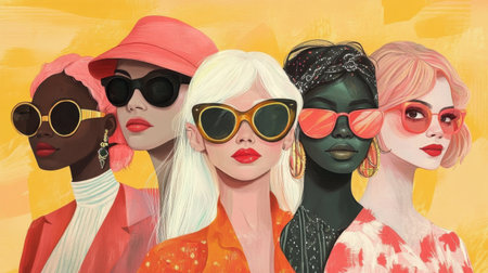 A vibrant and artistic illustration showcasing five diverse women sporting stylish sunglasses. Each figure expresses unique styles, confidence, and individuality against a warm and colorful background.の素材