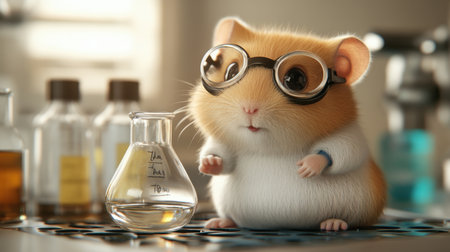 An adorable hamster wearing glasses explores a colorful laboratory filled with science tools and flasks, showcasing curiosity and playfulness in a whimsical setting.の素材