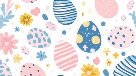 A vibrant pattern featuring colorful Easter eggs and flowers, perfect for spring-themed projects, decorations, or festive celebrations with a creative flair.の素材