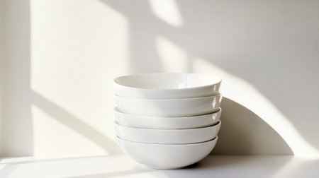 A beautiful arrangement of white bowls stacked on a clean surface. Soft shadows play across the backdrop, highlighting minimal design and elegance. Perfect for kitchen scenes.の素材