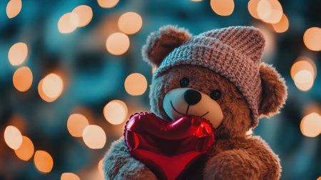 A charming teddy bear wearing a cozy hat holds a heart balloon, creating a warm, festive atmosphere. Ideal for capturing feelings of love and joy.の素材