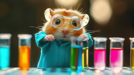 A cute hamster dressed in a lab coat and goggles engages in colorful chemical experiments with vibrant test tubes, creating a whimsical and playful scene.の素材