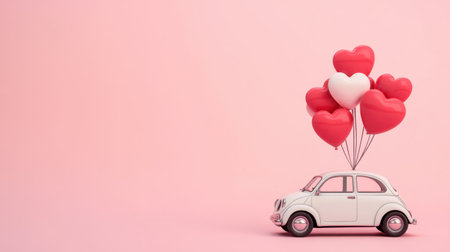 A charming vintage car carrying heart-shaped balloons on a pastel pink background, perfect for expressing love and joy in various celebrations and events.の素材