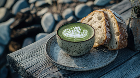 A serene composition featuring a vibrant green matcha latte served with freshly baked bread on a rustic wooden table, perfect for a cozy morning.の素材