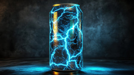 A stunning electric blue can featuring vibrant lightning effects, set against a dramatic background. Perfect for conveying energy and refreshment in design projects.の素材