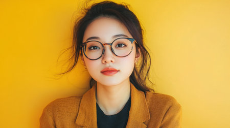 A young woman poses confidently against a vibrant yellow backdrop. She wears stylish glasses, showcasing natural beauty and contemporary fashion in a fresh portrait.の素材
