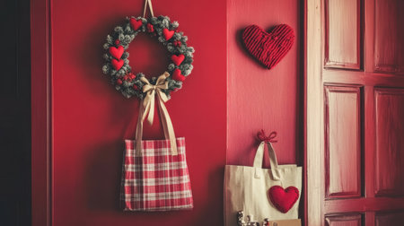A beautiful holiday scene featuring a festive wreath adorned with hearts hanging on a rich red wall, complemented by elegant gift bags, creating a cozy atmosphere.の素材