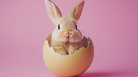 A delightful bunny emerging from a cracked egg set against a soft pink background, perfect for capturing the joy and whimsy of the Easter season.の素材
