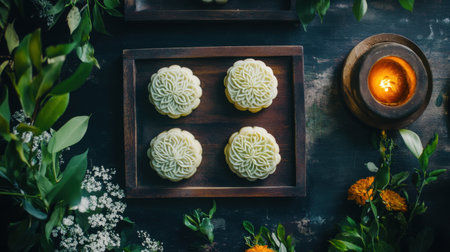 A serene dessert display featuring sweet treats adorned with floral designs, surrounded by greenery and a glowing candle, creating a warm, inviting atmosphere.の素材