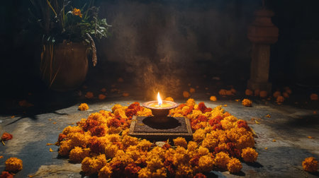 A beautiful display of marigold flowers surrounding a lit candle, creating a serene atmosphere ideal for meditation or prayer, capturing warm tones and tranquility.の素材