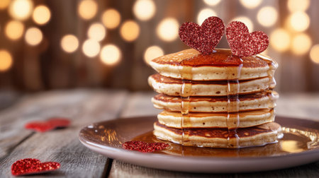 This beautiful image features a stack of delicious pancakes topped with syrup and decorated with sparkling heart-shaped accents, perfect for a romantic breakfast or celebration.の素材