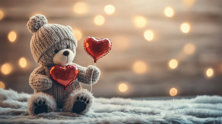 This charming teddy bear holds two red heart balloons, creating a warm and cozy atmosphere, perfect for love-themed celebrations and gifts.の素材