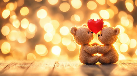 Two adorable teddy bears embrace each other while holding a heart, set against a beautiful golden bokeh background, evoking feelings of love and warmth.の素材