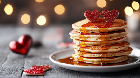 A delicious stack of fluffy pancakes drizzled with syrup, topped with glittery red hearts. Perfect for romantic occasions, breakfasts, and celebrations.の素材
