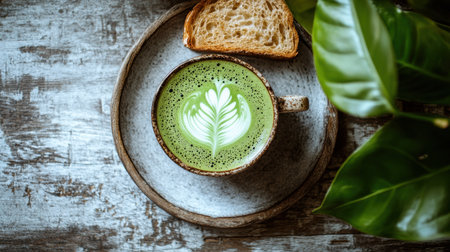 A stunning matcha latte topped with a heart design, served beside a slice of bread. Perfect for morning rituals or cozy afternoons on a rustic table.の素材