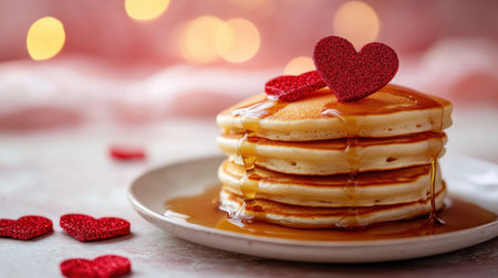 A mouthwatering stack of golden pancakes drizzled with rich maple syrup, topped with decorative red hearts, perfect for romantic breakfasts or festive celebrations.の素材