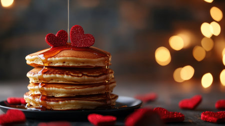 A delicious stack of fluffy pancakes drizzled with syrup, topped with heart decorations, perfect for a romantic breakfast or special occasion.の素材