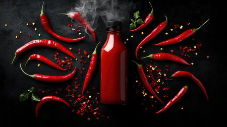 A captivating display of vibrant red chili peppers arranged around a bottle of hot sauce, creating an enticing visual on a dark background. Perfect for culinary imagery.の素材