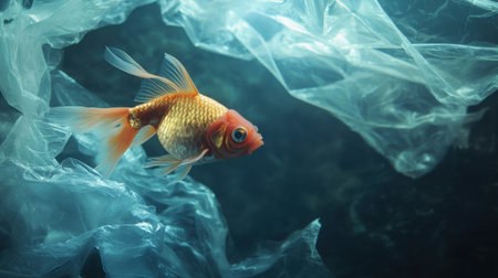 A lone goldfish navigates through a captivating scene of plastic waste in water, highlighting the urgent environmental issues related to pollution and habitat impact.の素材
