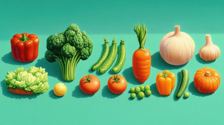 A vibrant arrangement of fresh vegetables including broccoli, carrots, onions, and more on a turquoise background. Ideal for healthy food concepts and culinary projects.の素材