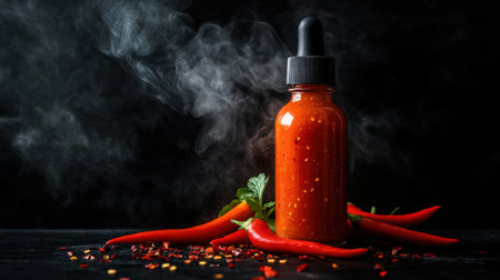 A visually striking photo featuring a bottle of spicy chili sauce surrounded by fresh red peppers, emitting a mysterious smoke that enhances its allure.の素材