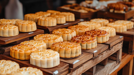 A captivating display of beautifully crafted mooncakes showcased in a traditional bakery. Each pastry features intricate designs, highlighting the artistry and flavors of this seasonal delicacy.の素材