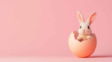 A delightful scene featuring a cute bunny emerging from a pink egg against a soft pastel background. This charming image captures the essence of spring and celebration.の素材