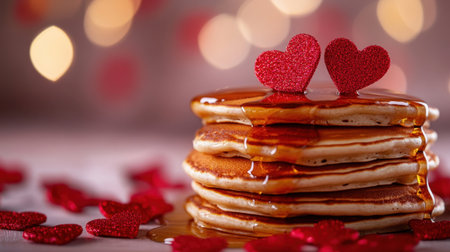 A charming stack of pancakes drizzled with syrup and topped with whimsical heart decorations, perfect for a romantic breakfast or festive occasion.の素材