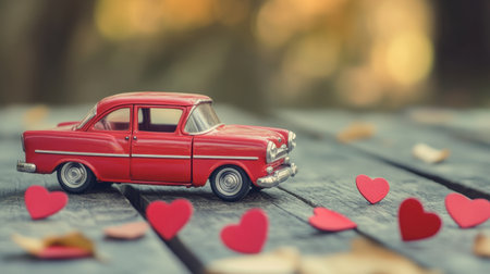A charming vintage red car sits on a wooden surface surrounded by heart-shaped decorations. This delightful scene evokes feelings of love and nostalgia, perfect for various romantic themes.の素材