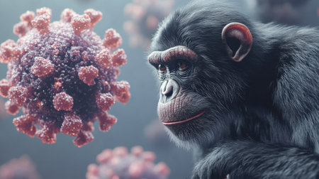 This surreal digital artwork features a thoughtful monkey gazing at a virus, symbolizing the intersection of nature and science. Ideal for health and wildlife themes.の素材