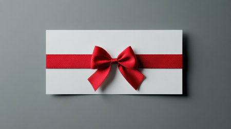 A beautifully styled gift box adorned with a vibrant red ribbon and bow, set against a simple grey background, perfect for celebration and special occasions.の素材