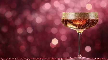A glamorous cocktail featuring sparkling bubbles sits in a stylish glass against a shimmering blurry background, perfect for celebrations and events.の素材