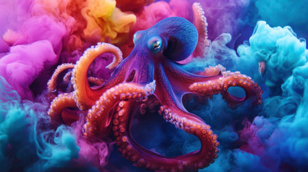 A stunning octopus gracefully floats in a cloud of vibrant smoke, showcasing bright colors of pink, purple, and blue, creating an enchanting underwater scene.の素材