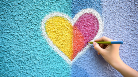 A hand adds colorful chalk to a heart mural on a textured wall, highlighting creativity and vibrant emotions. This charming art captures joy and love.の素材