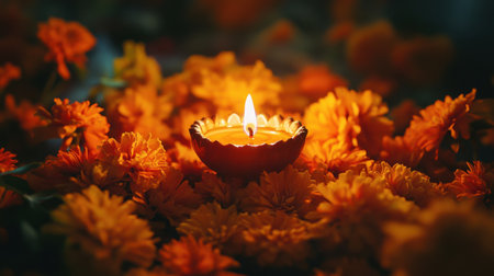 A glowing candle radiates warmth as it sits amidst vibrant marigold flowers. This serene composition captures the essence of celebration and tradition, perfect for conveying peace and beauty.の素材